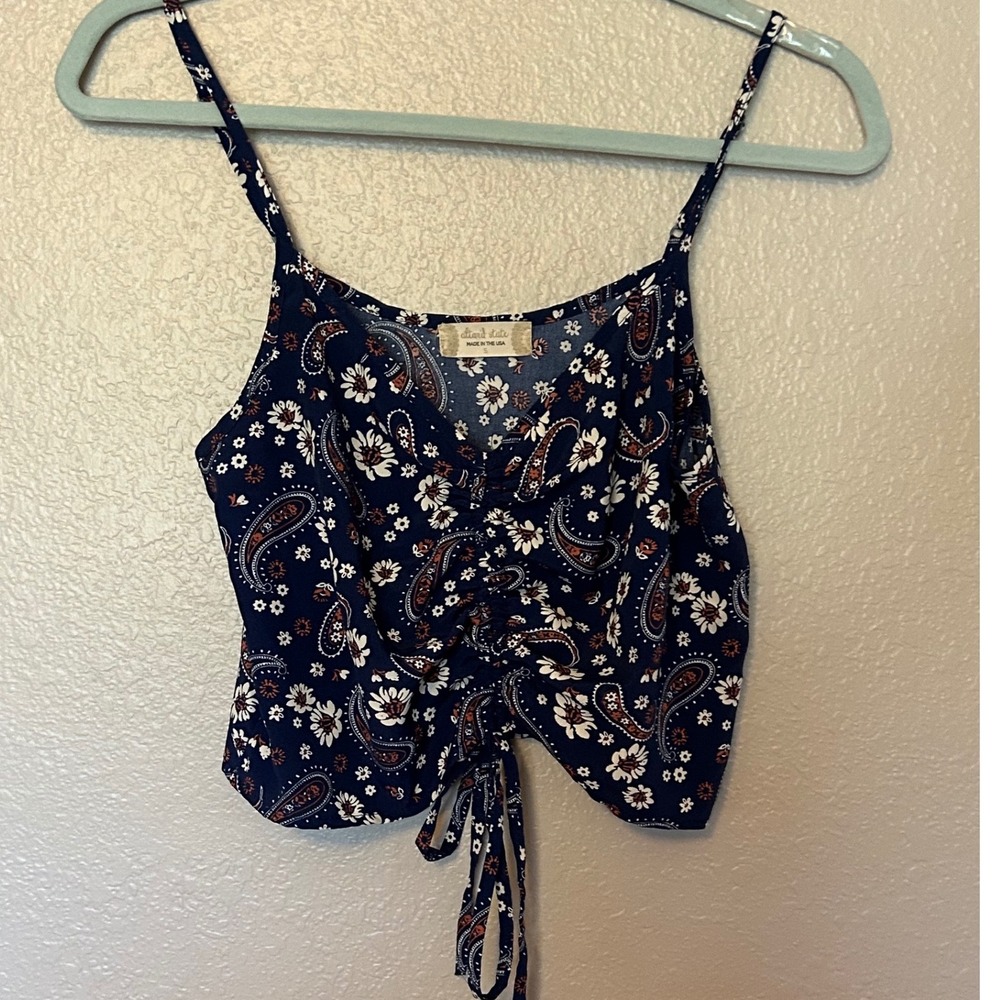 Altar'd State Navy Blue Paisley Floral Ruched Tie Front Crop Cami Top Small